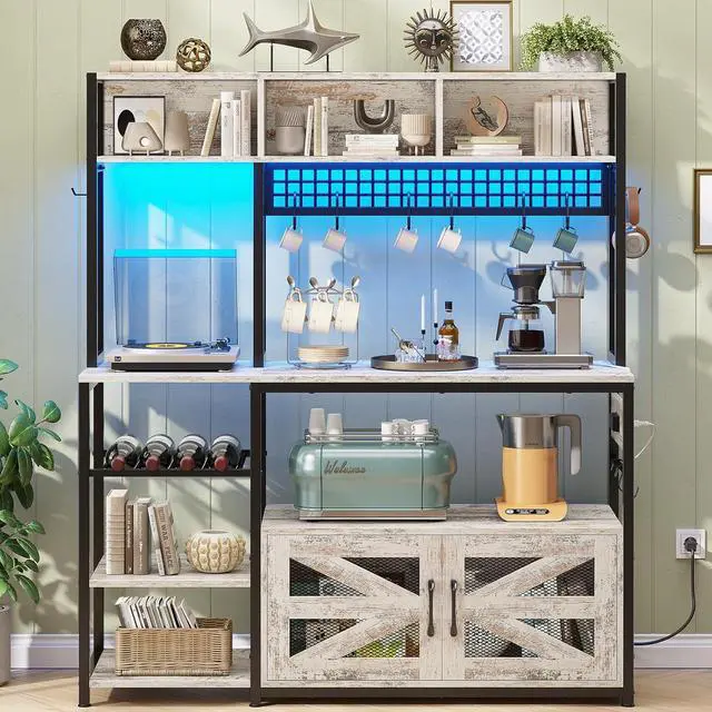 Alt view image 3 of 7 - Itaar 47.2 Inch Bakers Rack with Power Outlet, Microwave Stand with Storage, Farmhouse Coffee Bar Cabinet Station with Wine Rack, Iron Grid and 8-S Hooks, Vintage White