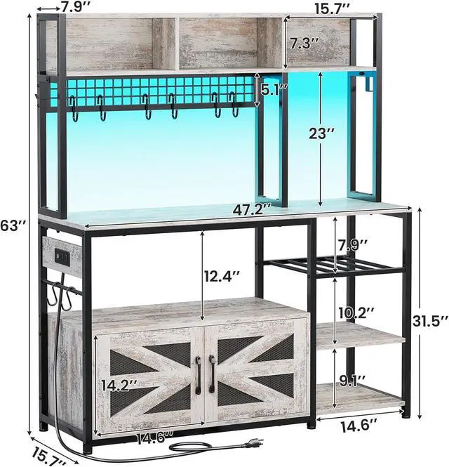 Alt view image 2 of 7 - Itaar 47.2 Inch Bakers Rack with Power Outlet, Microwave Stand with Storage, Farmhouse Coffee Bar Cabinet Station with Wine Rack, Iron Grid and 8-S Hooks, Vintage White