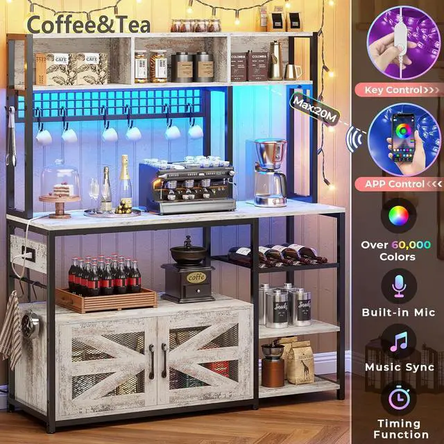 Alt view image 4 of 7 - Itaar 47.2 Inch Bakers Rack with Power Outlet, Microwave Stand with Storage, Farmhouse Coffee Bar Cabinet Station with Wine Rack, Iron Grid and 8-S Hooks, Vintage White