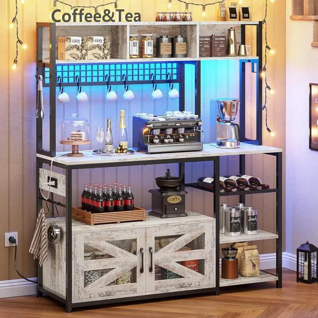 Alt view image 7 of 7 - Itaar 47.2 Inch Bakers Rack with Power Outlet, Microwave Stand with Storage, Farmhouse Coffee Bar Cabinet Station with Wine Rack, Iron Grid and 8-S Hooks, Vintage White