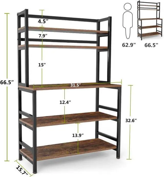 Alt view image 3 of 7 - Tribesigns 5-Tier Kitchen Bakers Rack with Hutch, Industrial Microwave Oven Stand, Free Standing Kitchen Utility Cart Storage Shelf Organizer (Rustic Brown)