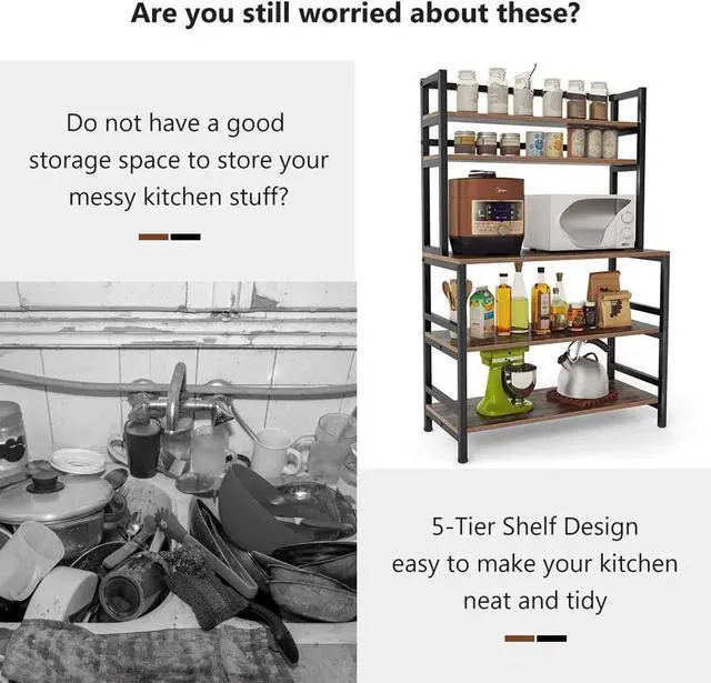 Alt view image 6 of 7 - Tribesigns 5-Tier Kitchen Bakers Rack with Hutch, Industrial Microwave Oven Stand, Free Standing Kitchen Utility Cart Storage Shelf Organizer (Rustic Brown)