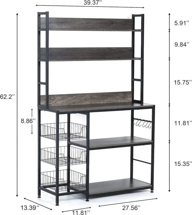 Alt view image 2 of 7 - Kitchen Bakers Rack with Baskets,5-Tier Utility Storage Shelf with Hooks, Microwave Oven Stand Rack, Free Standing Kitchen Shelf Vintage Grey