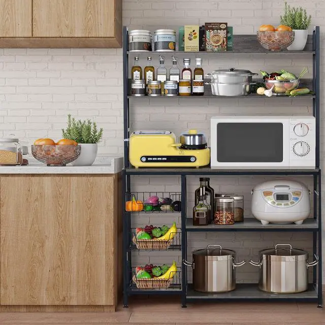 Alt view image 3 of 7 - Kitchen Bakers Rack with Baskets,5-Tier Utility Storage Shelf with Hooks, Microwave Oven Stand Rack, Free Standing Kitchen Shelf Vintage Grey