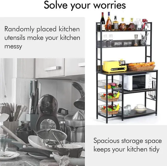 Alt view image 7 of 7 - Kitchen Bakers Rack with Baskets,5-Tier Utility Storage Shelf with Hooks, Microwave Oven Stand Rack, Free Standing Kitchen Shelf Vintage Grey