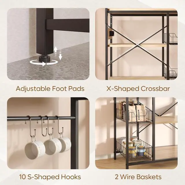 Alt view image 3 of 7 - Bestier Bakers Rack with Power Outlet, 10 Hooks Coffee Bar with Wire Basket, Microwave Stand with Paper Holder, Adjustable Kitchen Storage Shelf for Spice, Pots and Pans Organizer, Oak