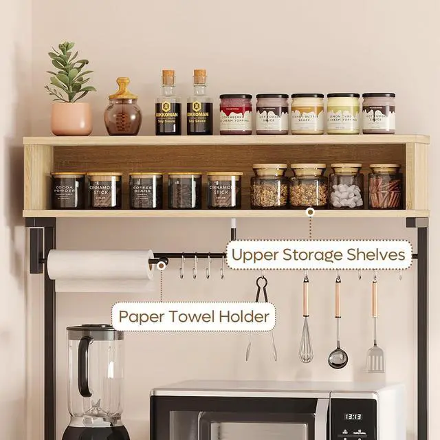 Alt view image 2 of 7 - Bestier Bakers Rack with Power Outlet, 10 Hooks Coffee Bar with Wire Basket, Microwave Stand with Paper Holder, Adjustable Kitchen Storage Shelf for Spice, Pots and Pans Organizer, Oak