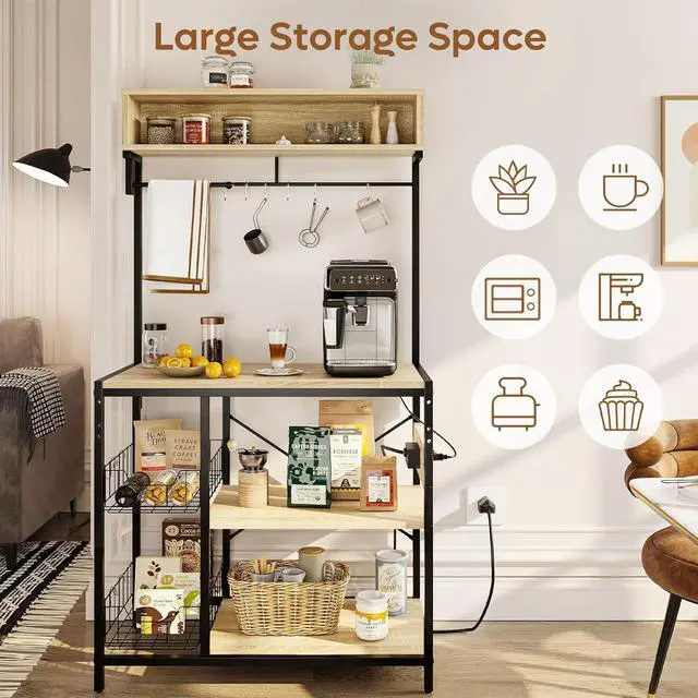 Alt view image 5 of 7 - Bestier Bakers Rack with Power Outlet, 10 Hooks Coffee Bar with Wire Basket, Microwave Stand with Paper Holder, Adjustable Kitchen Storage Shelf for Spice, Pots and Pans Organizer, Oak