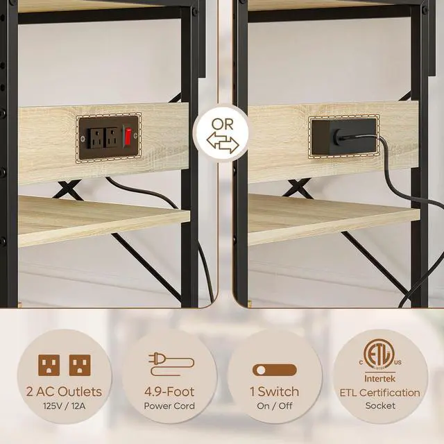 Alt view image 4 of 7 - Bestier Bakers Rack with Power Outlet, 10 Hooks Coffee Bar with Wire Basket, Microwave Stand with Paper Holder, Adjustable Kitchen Storage Shelf for Spice, Pots and Pans Organizer, Oak