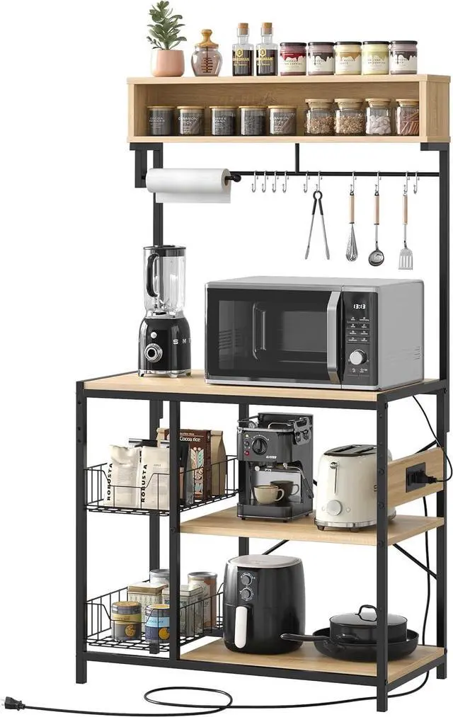 Alt view image 7 of 7 - Bestier Bakers Rack with Power Outlet, 10 Hooks Coffee Bar with Wire Basket, Microwave Stand with Paper Holder, Adjustable Kitchen Storage Shelf for Spice, Pots and Pans Organizer, Oak