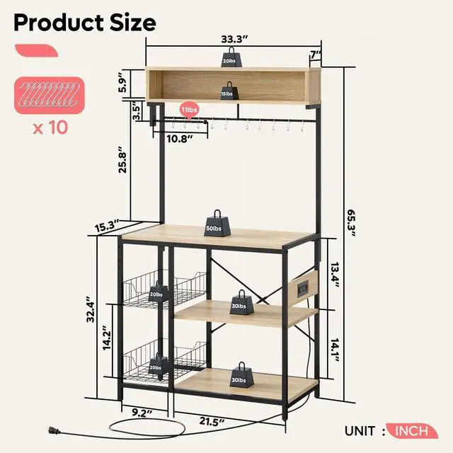 Alt view image 6 of 7 - Bestier Bakers Rack with Power Outlet, 10 Hooks Coffee Bar with Wire Basket, Microwave Stand with Paper Holder, Adjustable Kitchen Storage Shelf for Spice, Pots and Pans Organizer, Oak