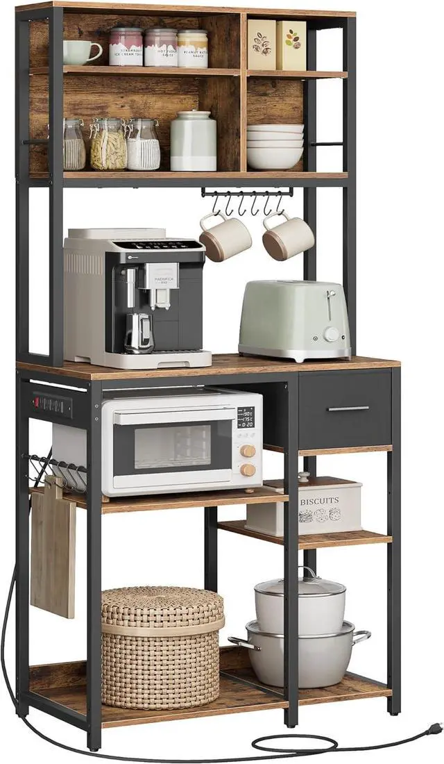 Main image of VASAGLE Bakers Rack with Charging Station, Coffee Bar with Adjustable Storage Shelves, Fabric Drawer, 12 Hooks, 15.7 x 31.5 x 71 Inches, Kitchen Microwave Stand, Rustic Brown and Ink Black UKKS015K01
