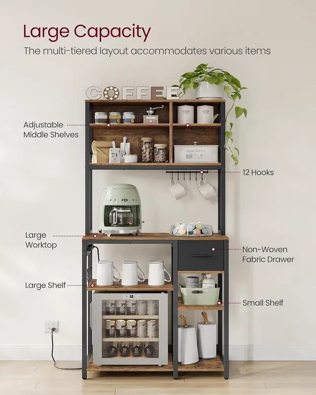 Alt view image 4 of 6 - VASAGLE Bakers Rack with Charging Station, Coffee Bar with Adjustable Storage Shelves, Fabric Drawer, 12 Hooks, 15.7 x 31.5 x 71 Inches, Kitchen Microwave Stand, Rustic Brown and Ink Black UKKS015K01