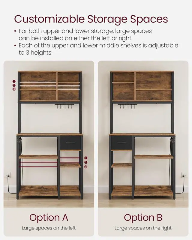Alt view image 6 of 6 - VASAGLE Bakers Rack with Charging Station, Coffee Bar with Adjustable Storage Shelves, Fabric Drawer, 12 Hooks, 15.7 x 31.5 x 71 Inches, Kitchen Microwave Stand, Rustic Brown and Ink Black UKKS015K01