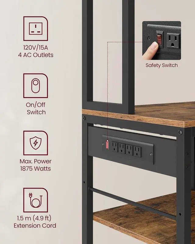 Alt view image 5 of 6 - VASAGLE Bakers Rack with Charging Station, Coffee Bar with Adjustable Storage Shelves, Fabric Drawer, 12 Hooks, 15.7 x 31.5 x 71 Inches, Kitchen Microwave Stand, Rustic Brown and Ink Black UKKS015K01