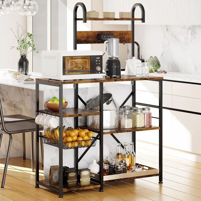 Main image of Shintenchi Kitchen Bakers Rack with Power Outlet, Multifunctional Organizer & Storage with 6 Hooks, Microwave Oven Stand, and Coffee Station Shelf, Vintage Brown