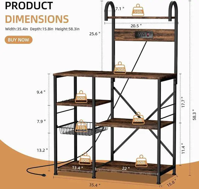 Alt view image 2 of 7 - Shintenchi Kitchen Bakers Rack with Power Outlet, Multifunctional Organizer & Storage with 6 Hooks, Microwave Oven Stand, and Coffee Station Shelf, Vintage Brown