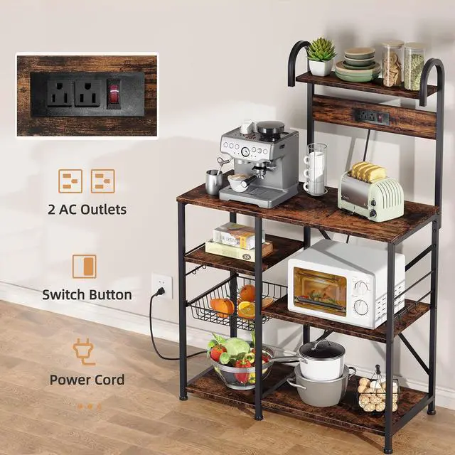 Alt view image 3 of 7 - Shintenchi Kitchen Bakers Rack with Power Outlet, Multifunctional Organizer & Storage with 6 Hooks, Microwave Oven Stand, and Coffee Station Shelf, Vintage Brown