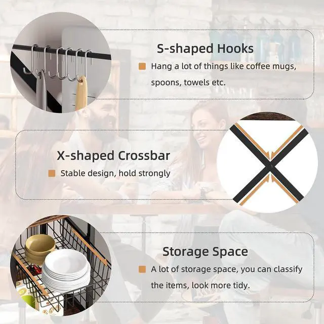 Alt view image 4 of 7 - Shintenchi Kitchen Bakers Rack with Power Outlet, Multifunctional Organizer & Storage with 6 Hooks, Microwave Oven Stand, and Coffee Station Shelf, Vintage Brown