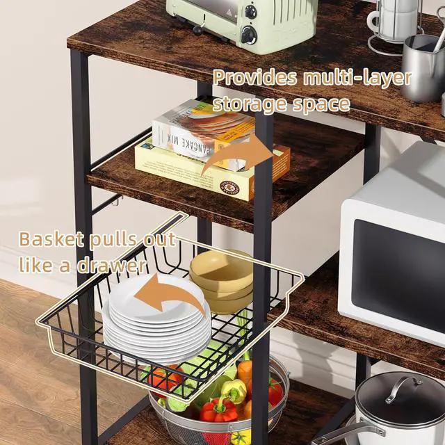 Alt view image 5 of 7 - Shintenchi Kitchen Bakers Rack with Power Outlet, Multifunctional Organizer & Storage with 6 Hooks, Microwave Oven Stand, and Coffee Station Shelf, Vintage Brown