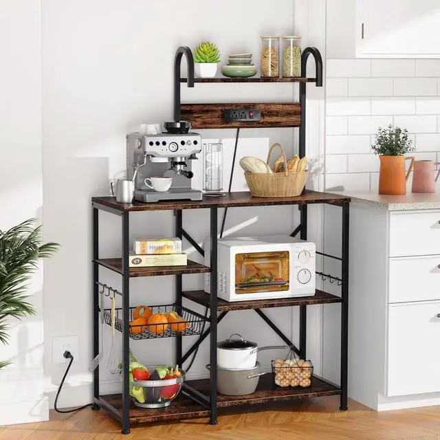 Alt view image 6 of 7 - Shintenchi Kitchen Bakers Rack with Power Outlet, Multifunctional Organizer & Storage with 6 Hooks, Microwave Oven Stand, and Coffee Station Shelf, Vintage Brown