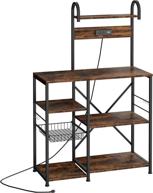 Alt view image 7 of 7 - Shintenchi Kitchen Bakers Rack with Power Outlet, Multifunctional Organizer & Storage with 6 Hooks, Microwave Oven Stand, and Coffee Station Shelf, Vintage Brown