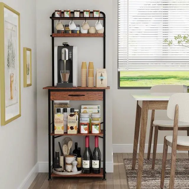 Main image of Coffee Bar Station - Bakers Rack with Fabric Drawer, Microwave Oven Storage Stand, Bakers Rack for Coffee Stand Station, Home Kitchen Organizer, Brown