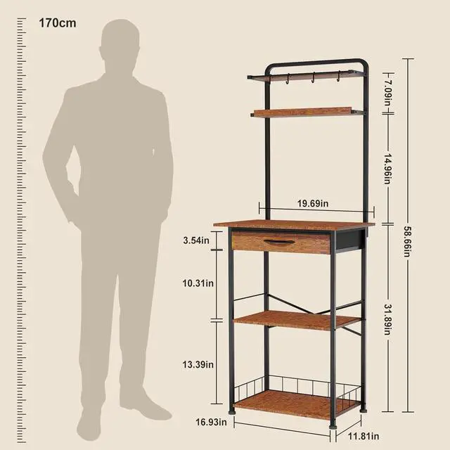 Alt view image 2 of 7 - Coffee Bar Station - Bakers Rack with Fabric Drawer, Microwave Oven Storage Stand, Bakers Rack for Coffee Stand Station, Home Kitchen Organizer, Brown