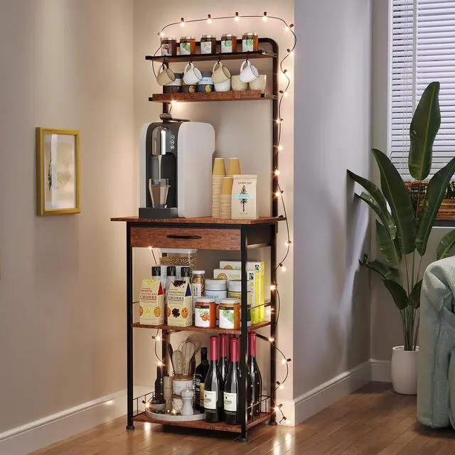 Alt view image 3 of 7 - Coffee Bar Station - Bakers Rack with Fabric Drawer, Microwave Oven Storage Stand, Bakers Rack for Coffee Stand Station, Home Kitchen Organizer, Brown