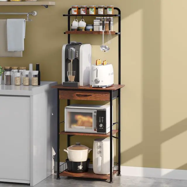Alt view image 4 of 7 - Coffee Bar Station - Bakers Rack with Fabric Drawer, Microwave Oven Storage Stand, Bakers Rack for Coffee Stand Station, Home Kitchen Organizer, Brown