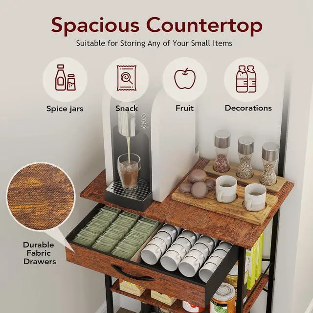 Alt view image 6 of 7 - Coffee Bar Station - Bakers Rack with Fabric Drawer, Microwave Oven Storage Stand, Bakers Rack for Coffee Stand Station, Home Kitchen Organizer, Brown