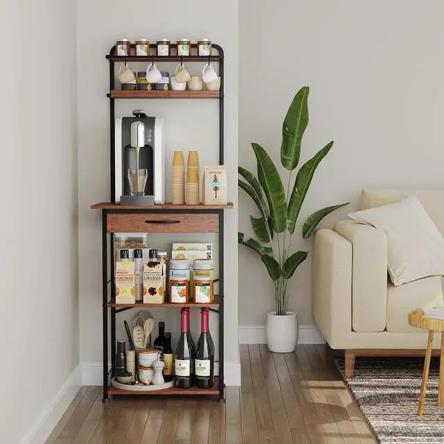 Alt view image 7 of 7 - Coffee Bar Station - Bakers Rack with Fabric Drawer, Microwave Oven Storage Stand, Bakers Rack for Coffee Stand Station, Home Kitchen Organizer, Brown