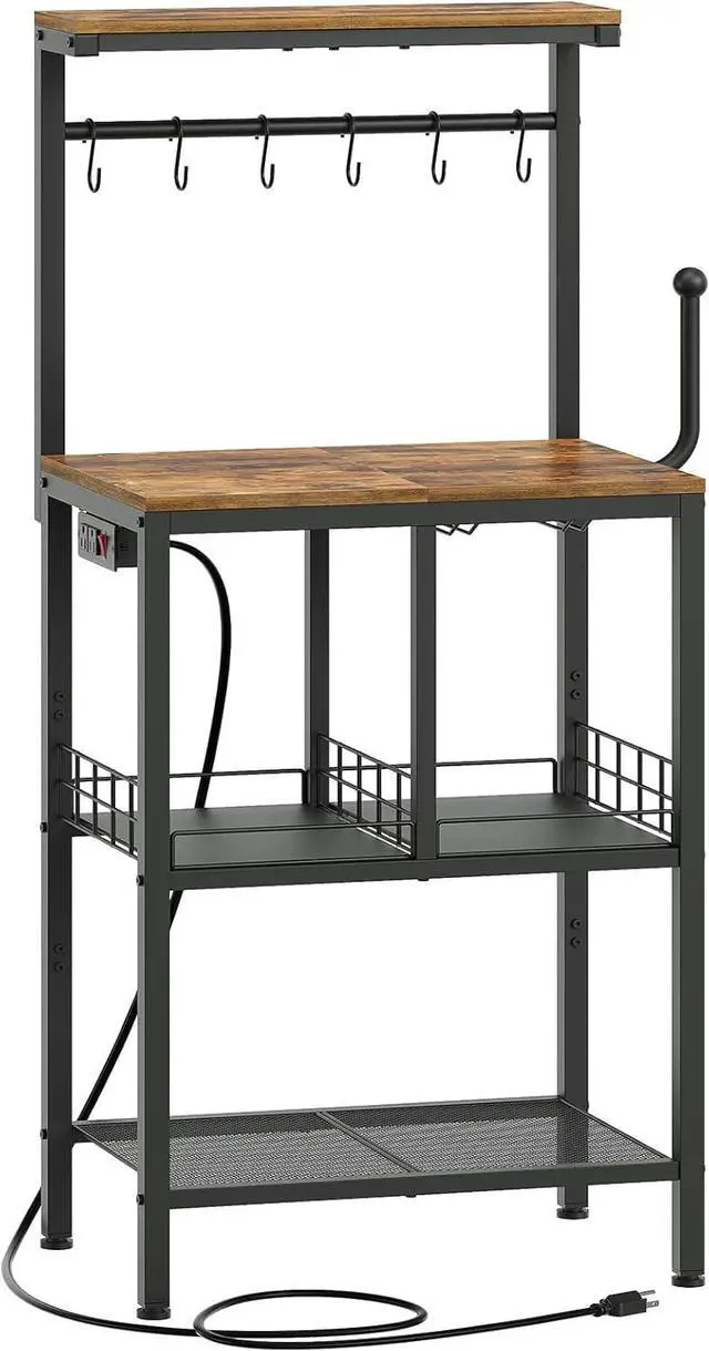 Main image of Bakers Rack with Power Outlet, Microwave Stand, Coffee Bar Table with Wine Glass Holder and Paper Holder, 4-Tier Kitchen Storage Rack for Dining Room, Living Room, Rustic Brown HB02UBR