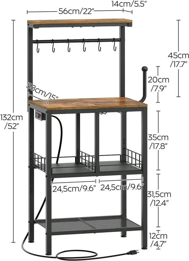 Alt view image 3 of 7 - Bakers Rack with Power Outlet, Microwave Stand, Coffee Bar Table with Wine Glass Holder and Paper Holder, 4-Tier Kitchen Storage Rack for Dining Room, Living Room, Rustic Brown HB02UBR