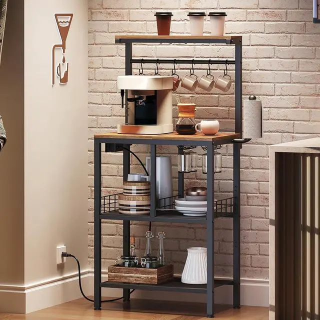 Alt view image 2 of 7 - Bakers Rack with Power Outlet, Microwave Stand, Coffee Bar Table with Wine Glass Holder and Paper Holder, 4-Tier Kitchen Storage Rack for Dining Room, Living Room, Rustic Brown HB02UBR