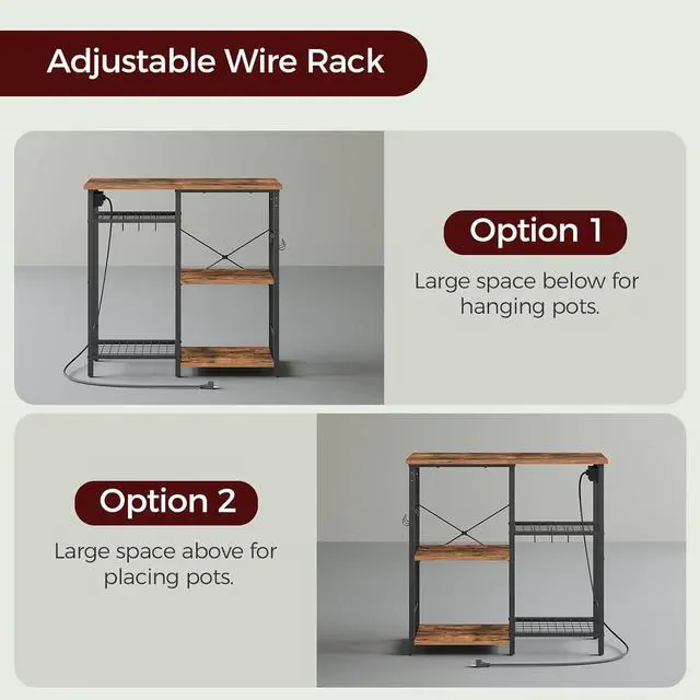 Alt view image 2 of 7 - Bakers Rack with Power Outlet, Microwave Stand with Adjustable Mesh Rack, Coffee Bar Station, Kitchen Storage Racks with 6 S Hooks, for Kitchen, Dining Room, Rustic Brown and Black BRHR80E01