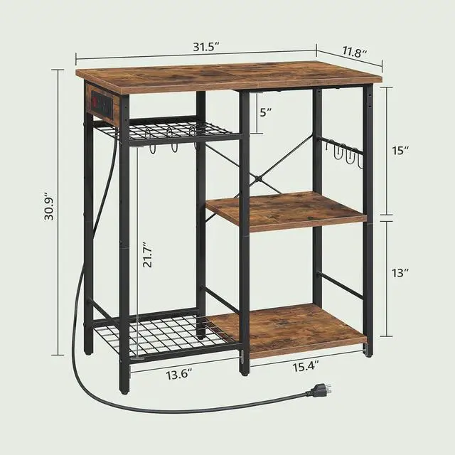 Alt view image 4 of 7 - Bakers Rack with Power Outlet, Microwave Stand with Adjustable Mesh Rack, Coffee Bar Station, Kitchen Storage Racks with 6 S Hooks, for Kitchen, Dining Room, Rustic Brown and Black BRHR80E01