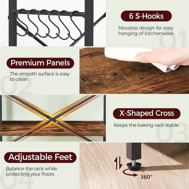 Alt view image 5 of 7 - Bakers Rack with Power Outlet, Microwave Stand with Adjustable Mesh Rack, Coffee Bar Station, Kitchen Storage Racks with 6 S Hooks, for Kitchen, Dining Room, Rustic Brown and Black BRHR80E01