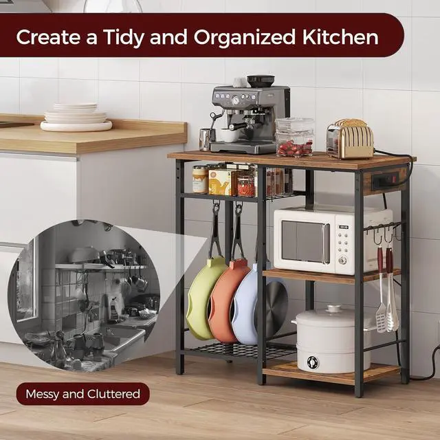 Alt view image 7 of 7 - Bakers Rack with Power Outlet, Microwave Stand with Adjustable Mesh Rack, Coffee Bar Station, Kitchen Storage Racks with 6 S Hooks, for Kitchen, Dining Room, Rustic Brown and Black BRHR80E01