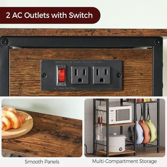 Alt view image 6 of 7 - Bakers Rack with Power Outlet, Microwave Stand with Adjustable Mesh Rack, Coffee Bar Station, Kitchen Storage Racks with 6 S Hooks, for Kitchen, Dining Room, Rustic Brown and Black BRHR80E01