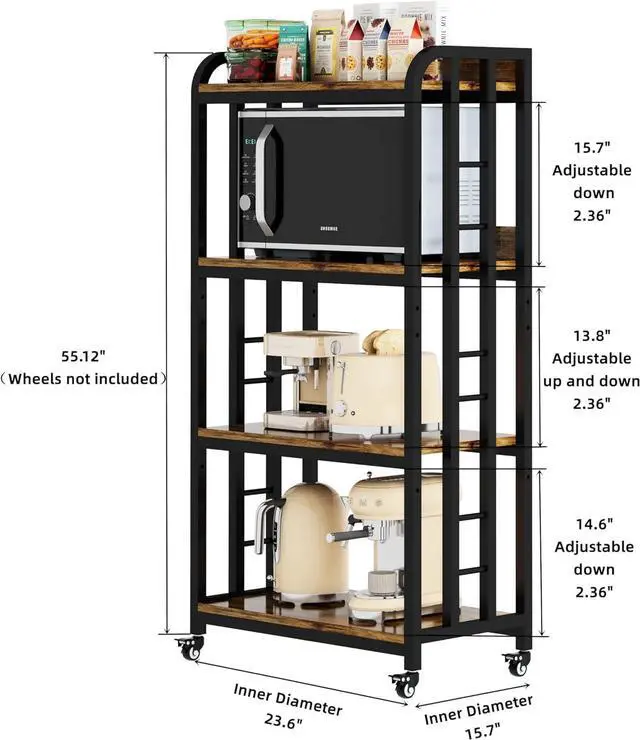 Alt view image 2 of 7 - 4-Tier Kitchen Baker's Rack with Rolling Wheels, Microwave Oven Cart Stand, Adjustable Utility Shelving Storage Unit, Heavy Duty Organizer Rack for Living Room, Garage, Home and Office(Brown)