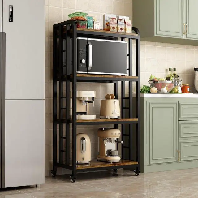 Alt view image 3 of 7 - 4-Tier Kitchen Baker's Rack with Rolling Wheels, Microwave Oven Cart Stand, Adjustable Utility Shelving Storage Unit, Heavy Duty Organizer Rack for Living Room, Garage, Home and Office(Brown)