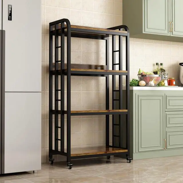 Alt view image 4 of 7 - 4-Tier Kitchen Baker's Rack with Rolling Wheels, Microwave Oven Cart Stand, Adjustable Utility Shelving Storage Unit, Heavy Duty Organizer Rack for Living Room, Garage, Home and Office(Brown)
