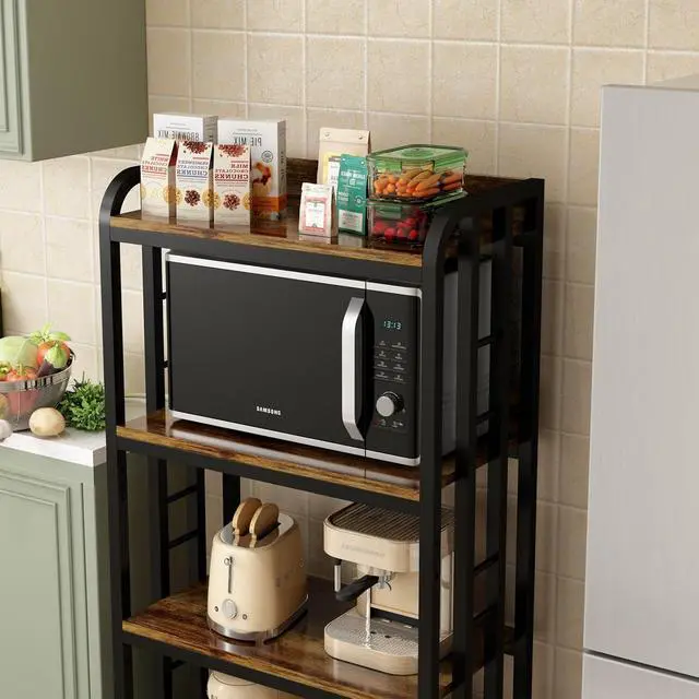 Alt view image 5 of 7 - 4-Tier Kitchen Baker's Rack with Rolling Wheels, Microwave Oven Cart Stand, Adjustable Utility Shelving Storage Unit, Heavy Duty Organizer Rack for Living Room, Garage, Home and Office(Brown)
