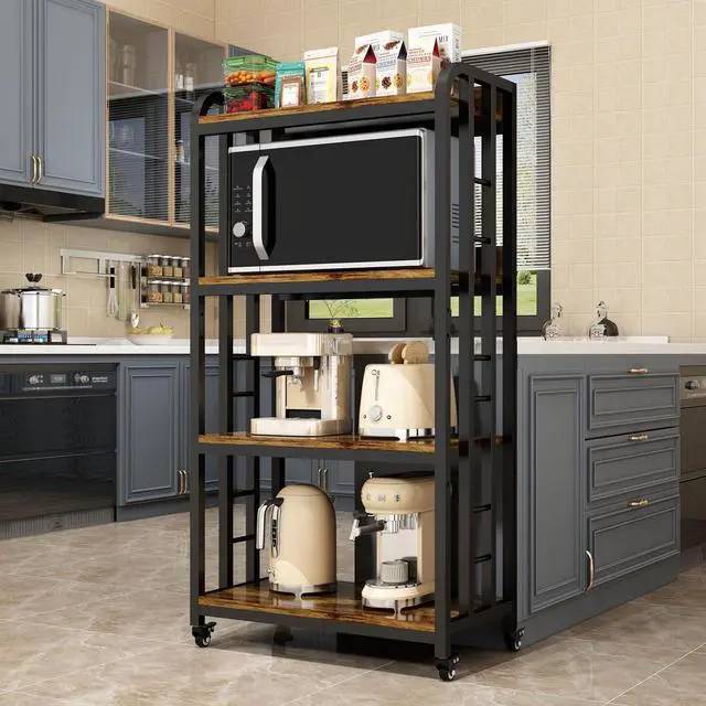 Alt view image 6 of 7 - 4-Tier Kitchen Baker's Rack with Rolling Wheels, Microwave Oven Cart Stand, Adjustable Utility Shelving Storage Unit, Heavy Duty Organizer Rack for Living Room, Garage, Home and Office(Brown)