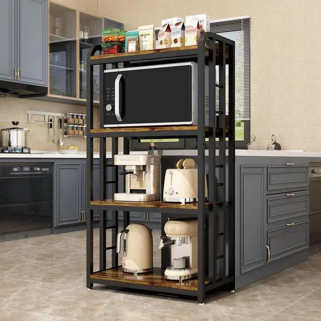 Alt view image 7 of 7 - 4-Tier Kitchen Baker's Rack with Rolling Wheels, Microwave Oven Cart Stand, Adjustable Utility Shelving Storage Unit, Heavy Duty Organizer Rack for Living Room, Garage, Home and Office(Brown)