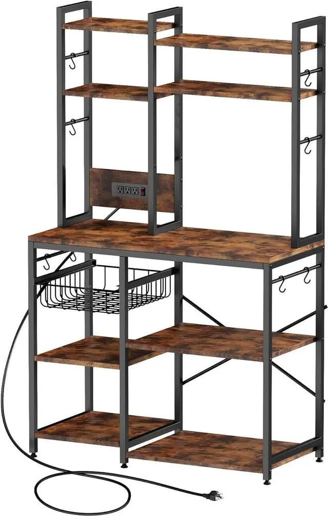 Main image of Standing Kitchen Bakers Rack, Bakers Rack with Power Outlet, 6-Tier Microwave Stand, Coffee Bar with 12 S-Shaped Hooks, Kitchen Shelf with Storage, Coffee Bar Station, for Rustic Brown