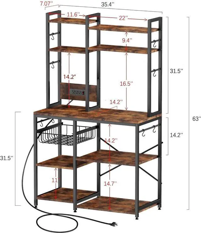 Alt view image 3 of 7 - Standing Kitchen Bakers Rack, Bakers Rack with Power Outlet, 6-Tier Microwave Stand, Coffee Bar with 12 S-Shaped Hooks, Kitchen Shelf with Storage, Coffee Bar Station, for Rustic Brown