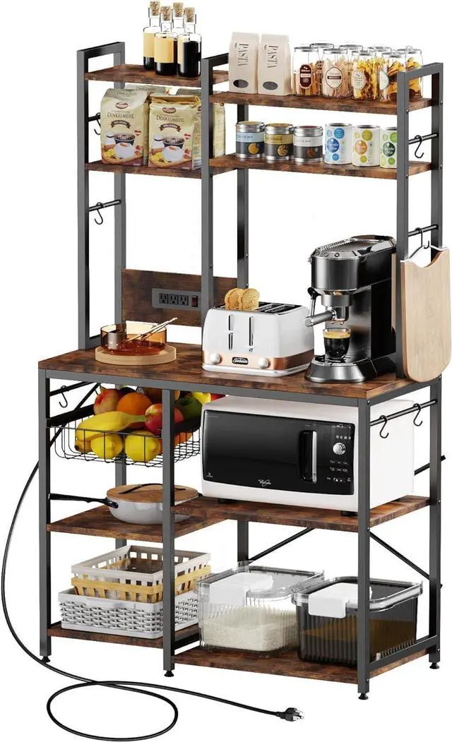 Alt view image 7 of 7 - Standing Kitchen Bakers Rack, Bakers Rack with Power Outlet, 6-Tier Microwave Stand, Coffee Bar with 12 S-Shaped Hooks, Kitchen Shelf with Storage, Coffee Bar Station, for Rustic Brown
