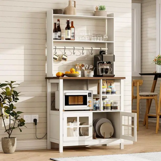 Alt view image 2 of 7 - ChooChoo Farmhouse Bakers Rack with Power Outlets and Storage, Coffee Bar Cabinet with Storage, Microwave Stand Kitchen Cabinet with Hutch and 6 Hooks, Soft White & Brown